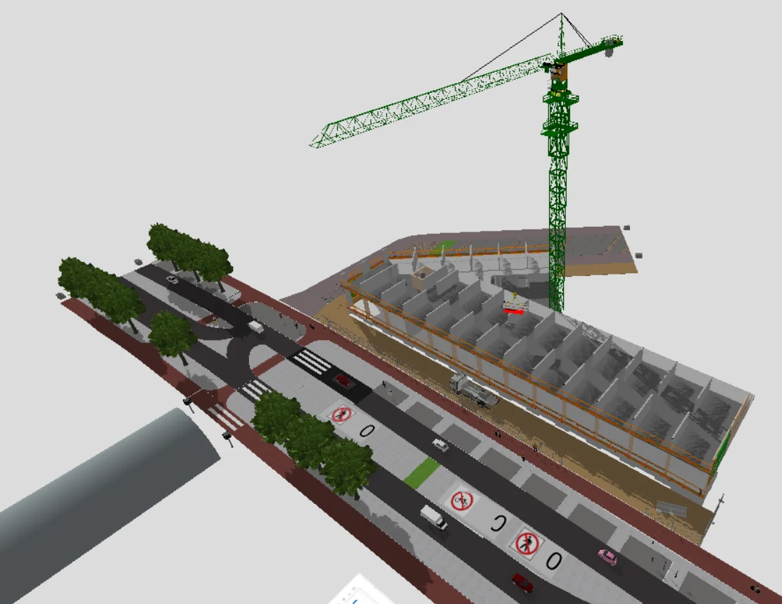 A 3D simulation model of the construction site in Simio, showing the tower crane, foundation, road, cycle path and surrounding trees.