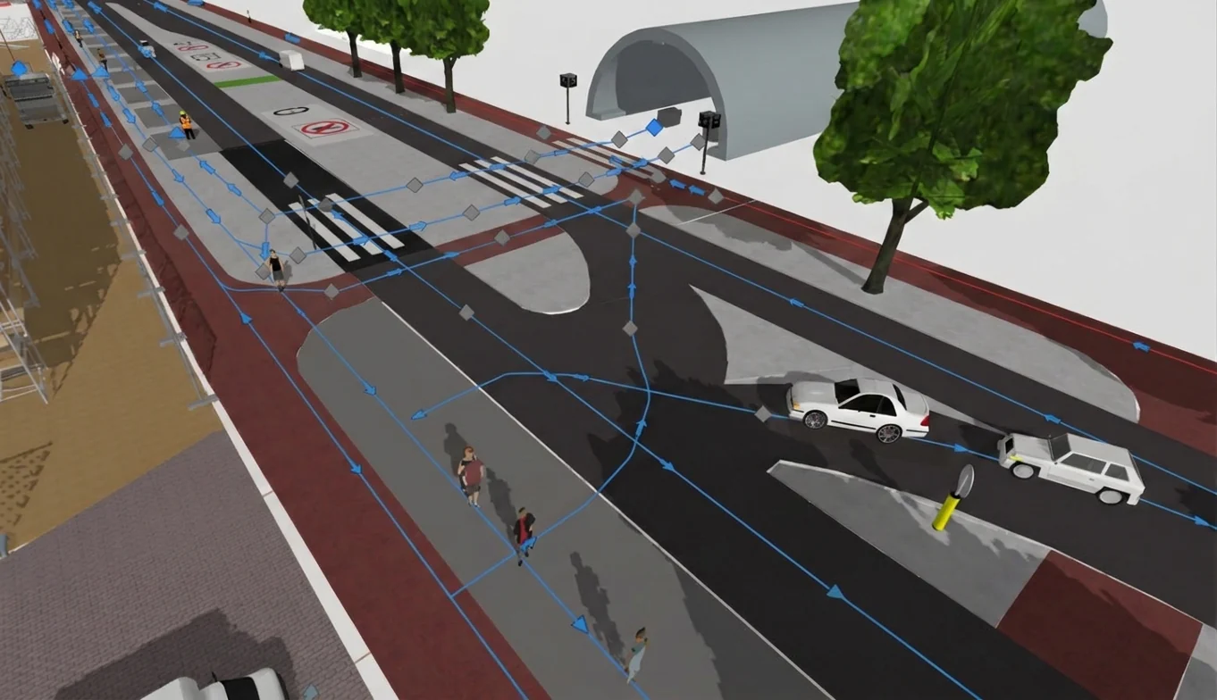 The running simulation, with labelled nodes for the cycle path, pedestrian crossings, vehicle entry points and the metro exit.