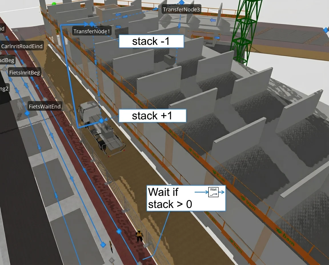 Annotated screenshot of the simulation logic: a counter increases when a floor slab is lifted and decreases when it is placed, with cyclists held while the counter is above zero.