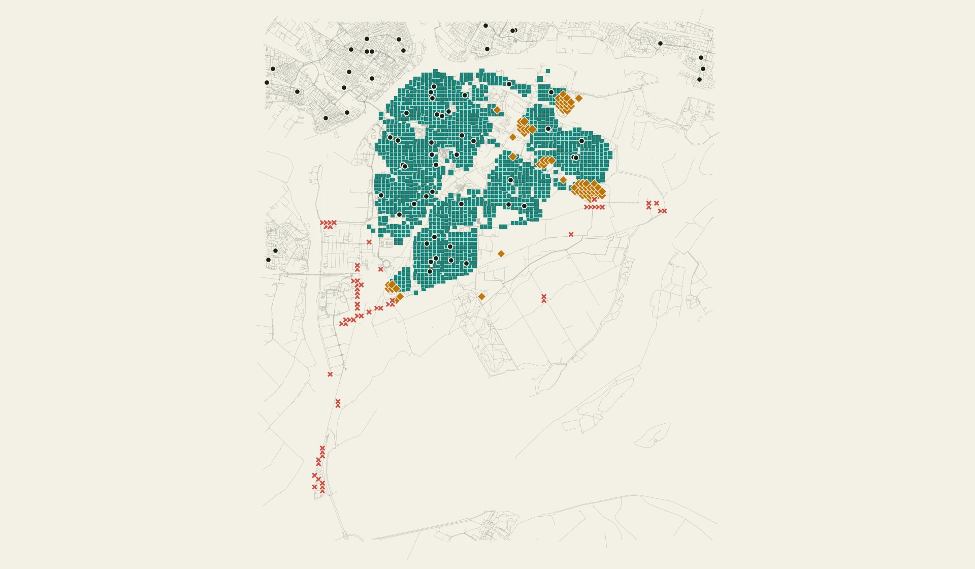 Map of Dordrecht. Squares mark cells with at least two separate BAG building components associated with registered primary-school locations within a twenty-minute walk. Diamonds mark cells with one component and crosses mark cells with none. Circles show registered destinations.